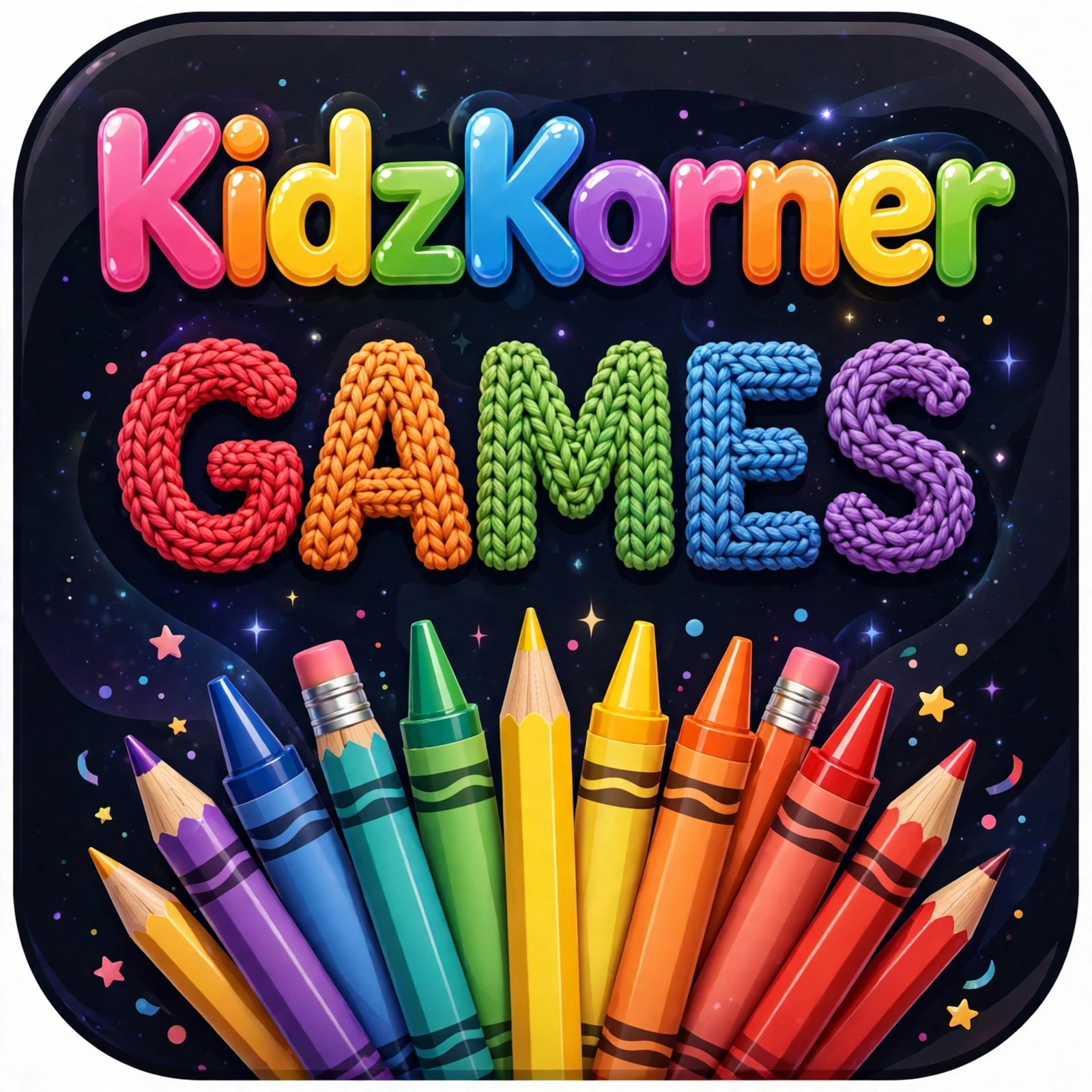 KidzKorner GAMES app cover — rainbow crayons, pencils and yarn letters